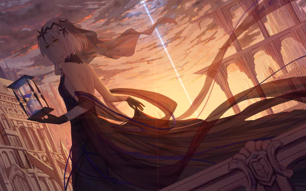 Anime-style HD desktop wallpaper depicting a blonde, short-haired figure with yellow eyes and a veil, holding an hourglass and wearing gloves against a dramatic sunset backdrop.