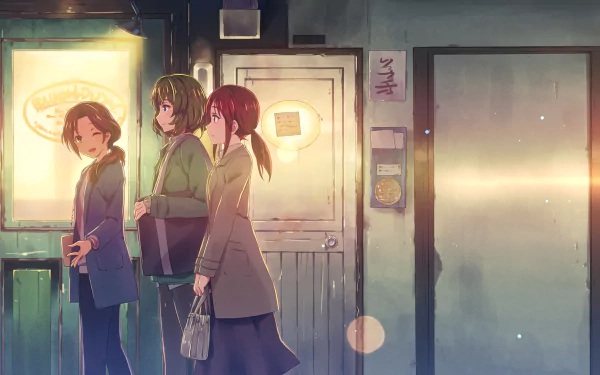 HD anime desktop wallpaper featuring Miyu Mifune, Kaede Takagaki, and Mizuki Kawashima from The iDOLM@STER Cinderella Girls standing outside a softly lit building.