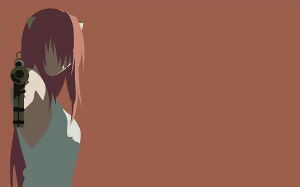 Minimalist HD anime wallpaper featuring Lucy from Elfen Lied with red hair, animal ears, and a gun pointed forward against a plain brown background.