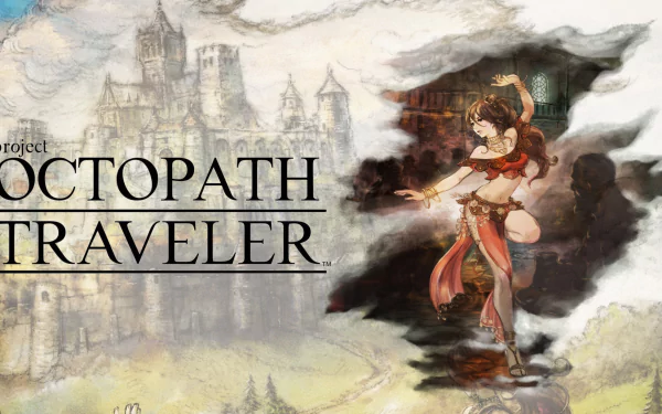 HD wallpaper of Primrose Azelhart from Octopath Traveler, featuring a fantasy landscape backdrop.