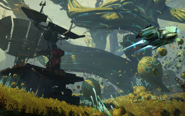 HD wallpaper of Starlink: Battle for Atlas featuring a spaceship flying on an alien planet with futuristic structures in the background.