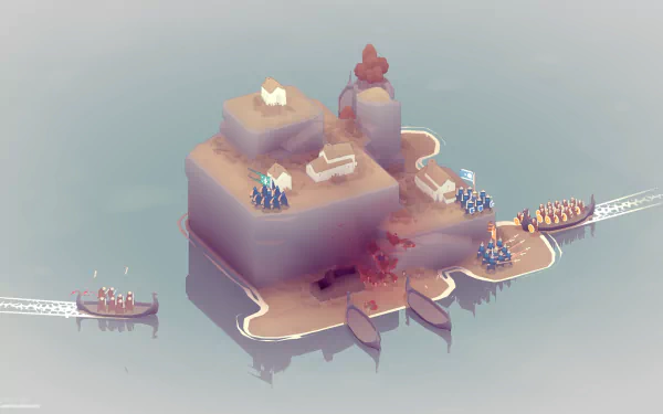 HD desktop wallpaper of Bad North game, featuring soldiers defending an island against incoming Viking invaders.