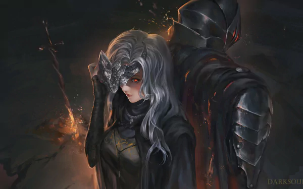 HD desktop wallpaper featuring the Fire Keeper from Dark Souls III. The Fire Keeper stands beside a knight, with dark, atmospheric background elements from the video game.