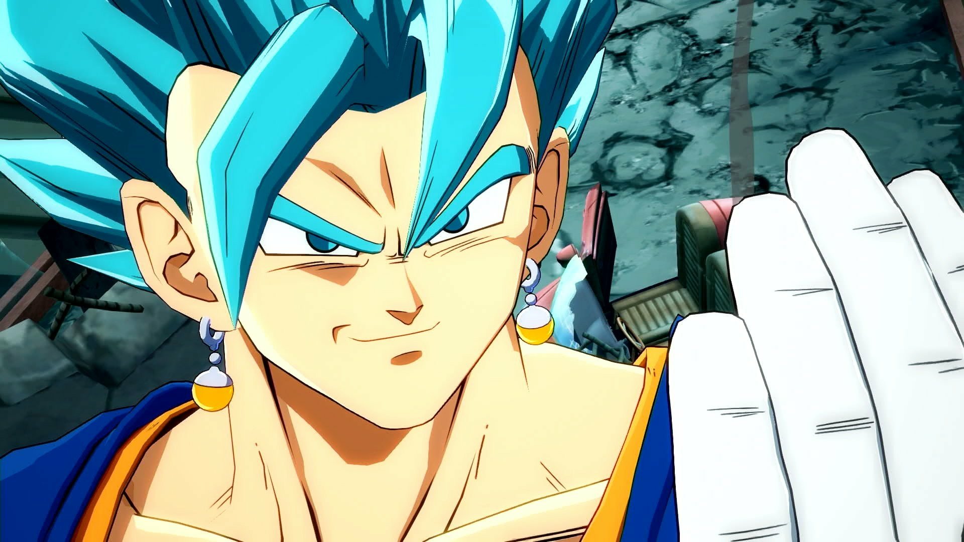 Close-up of Super Saiyan Blue Goku from the Dragon Ball FighterZ video game, smirking with raised hand, vivid blue hair and Potara earring — HD PC desktop wallpaper.