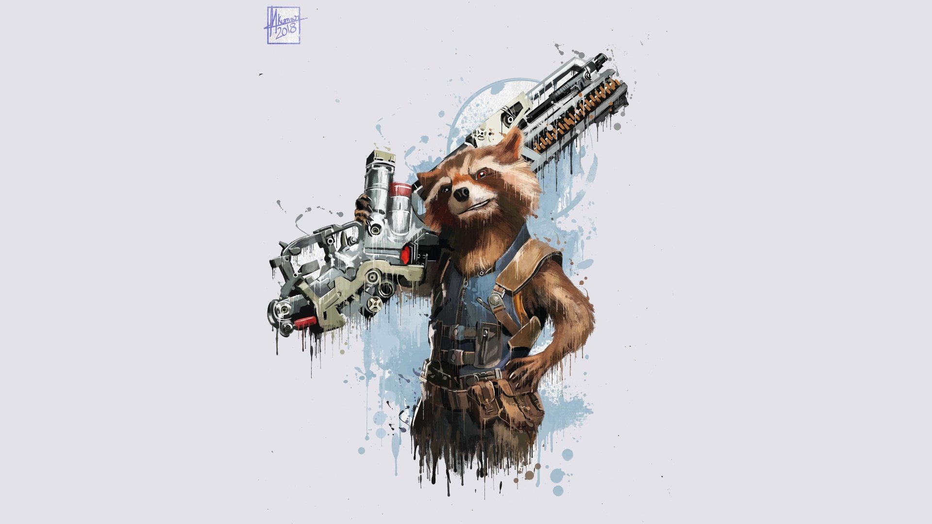 4K Ultra HD PC desktop wallpaper featuring Rocket Raccoon from Guardians of the Galaxy and Avengers: Infinity War, holding a large sci-fi weapon with a detailed artistic style.
