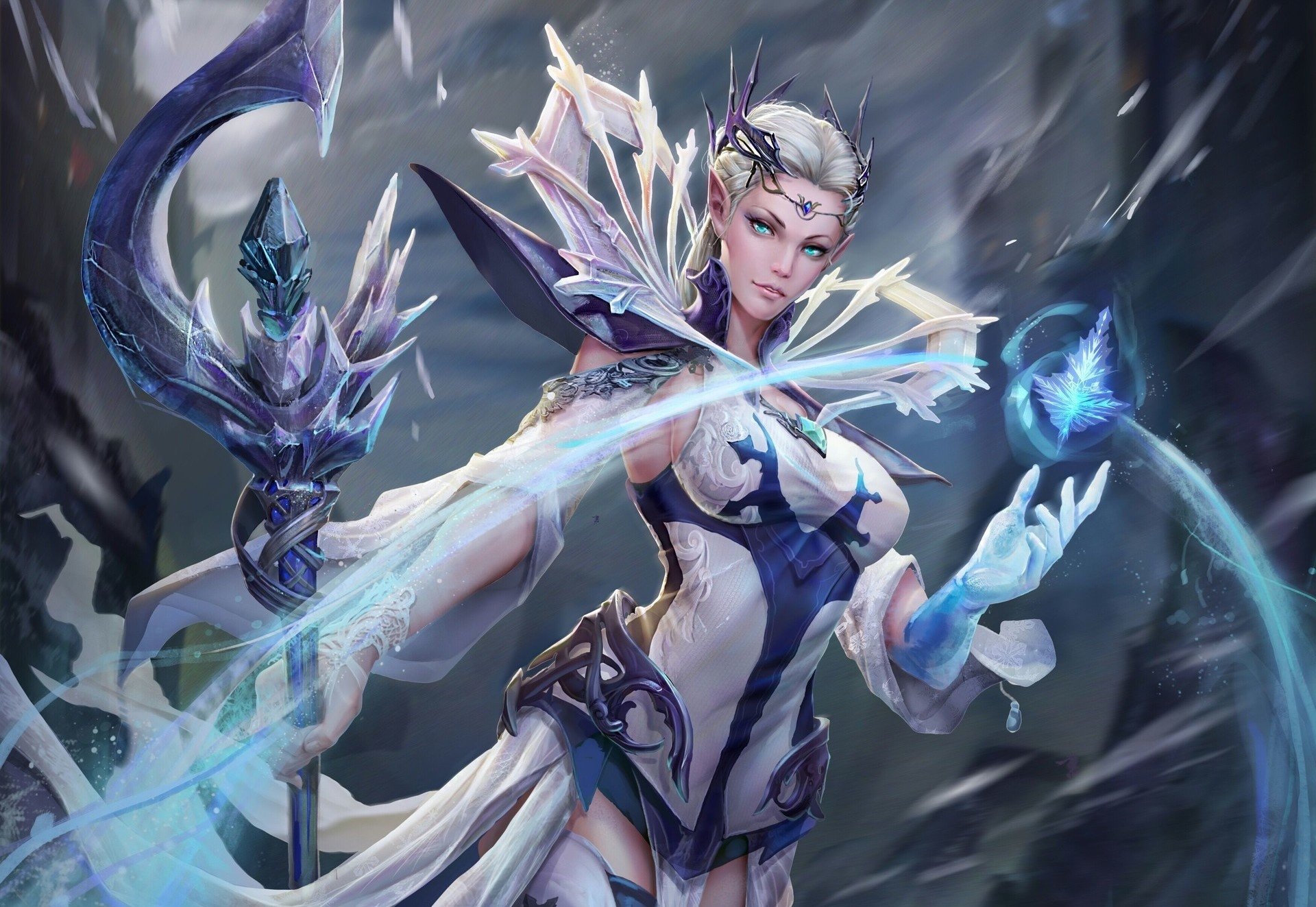 A fantasy sorceress with pointed ears, aqua eyes, and blonde hair wields a magical staff glowing with blue energy in a dynamic, high-definition desktop wallpaper.