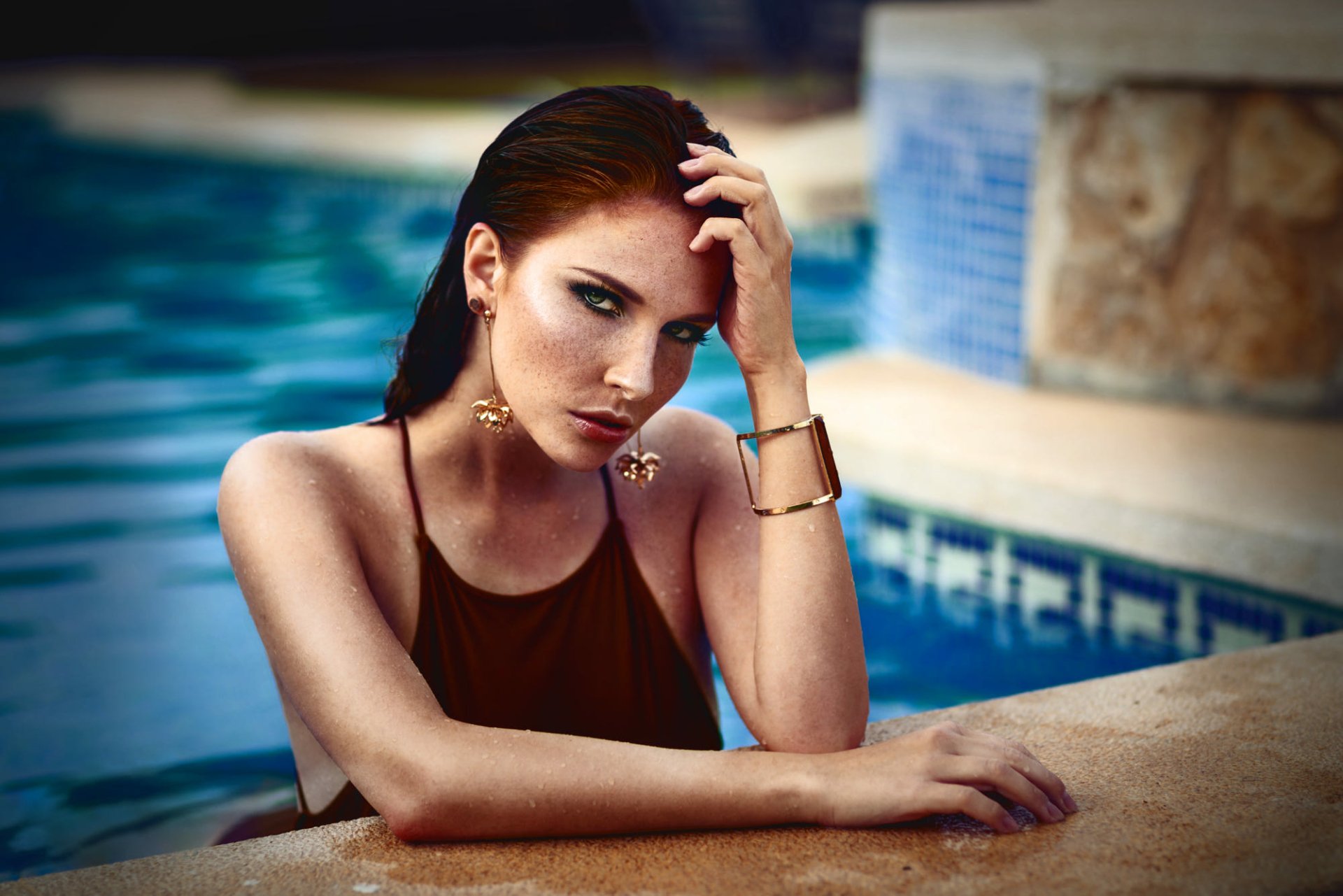 Download Depth Of Field Redhead Swimsuit Earrings Woman Swimwear  HD Wallpaper by Melanie Dietze
