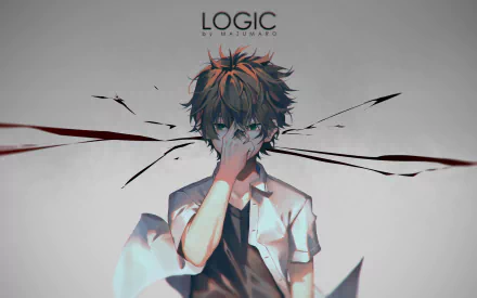 A HD desktop wallpaper featuring Hōtarō Oreki from the anime Hyouka. The artwork showcases Hōtarō in a thoughtful pose with dynamic background elements.