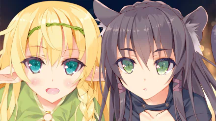 HD desktop wallpaper featuring Rem Galleu and Shera L. Greenwood from How NOT to Summon a Demon Lord. The close-up showcases their green eyes, Shera's blonde hair, and Rem's black hair with elf ears.