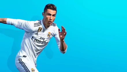 HD desktop wallpaper featuring Cristiano Ronaldo in a Real Madrid uniform against a blue background, from the video game FIFA 19.
