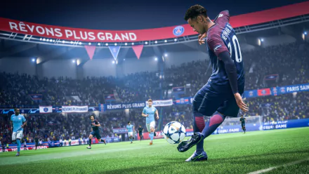 HD wallpaper of Neymar in FIFA 19, showcasing a dynamic soccer scene with Neymar in action on the field, surrounded by a vibrant stadium crowd.