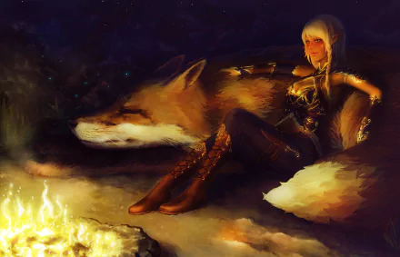 A fantasy elf with white braided hair and pointed ears sits by a bonfire beside a large fox, depicted in a detailed 4K Ultra HD PC desktop wallpaper.