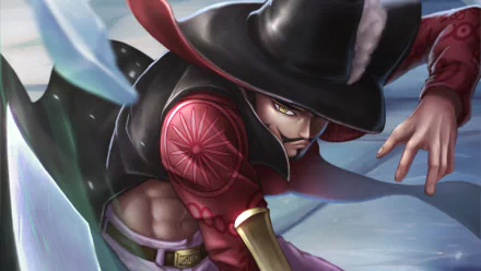 4K Ultra HD anime wallpaper featuring Dracule Mihawk from One Piece in a dynamic pose with his signature hat and sword.