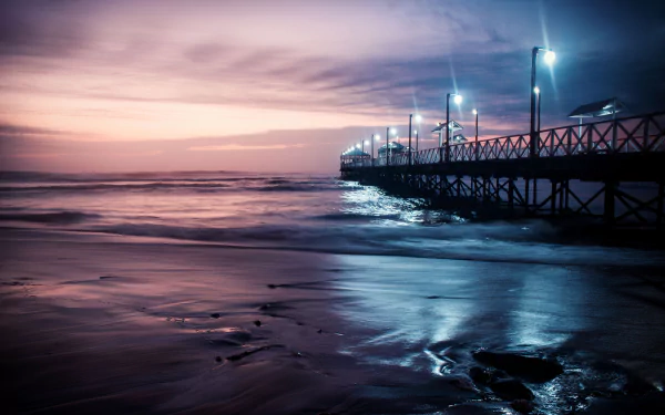 lamp post horizon night ocean man made pier HD Desktop Wallpaper | Background Image