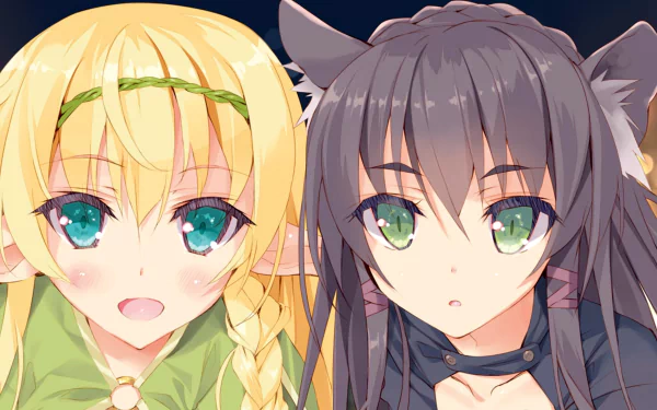HD desktop wallpaper featuring Rem Galleu and Shera L. Greenwood from How NOT to Summon a Demon Lord. The close-up showcases their green eyes, Shera's blonde hair, and Rem's black hair with elf ears.