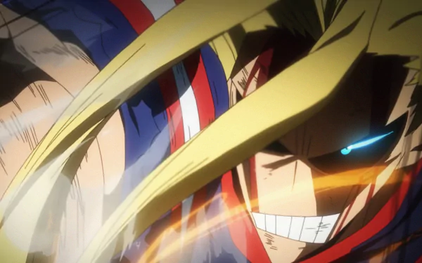 4K Ultra HD anime wallpaper featuring Toshinori Yagi as All Might from My Hero Academia in dynamic action pose with intense expression and glowing eyes.