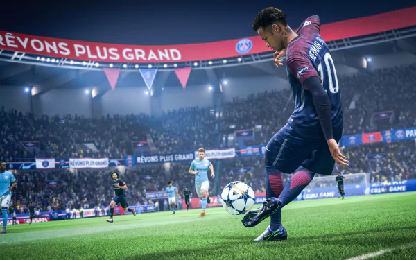 HD wallpaper of Neymar in FIFA 19, showcasing a dynamic soccer scene with Neymar in action on the field, surrounded by a vibrant stadium crowd.