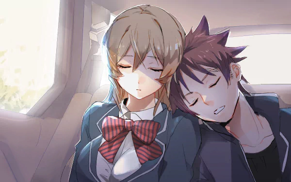 A HD desktop wallpaper featuring anime characters Sōma Yukihira and Erina Nakiri from Food Wars: Shokugeki no Soma, peacefully sleeping while leaning on each other.