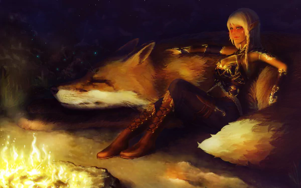 A fantasy elf with white braided hair and pointed ears sits by a bonfire beside a large fox, depicted in a detailed 4K Ultra HD PC desktop wallpaper.