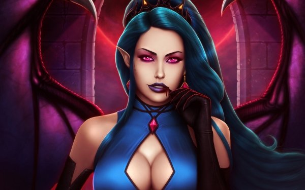 Fantasy Demon Lipstick Pink Eyes Wings Blue Hair Long Hair HD Wallpaper | Background Image