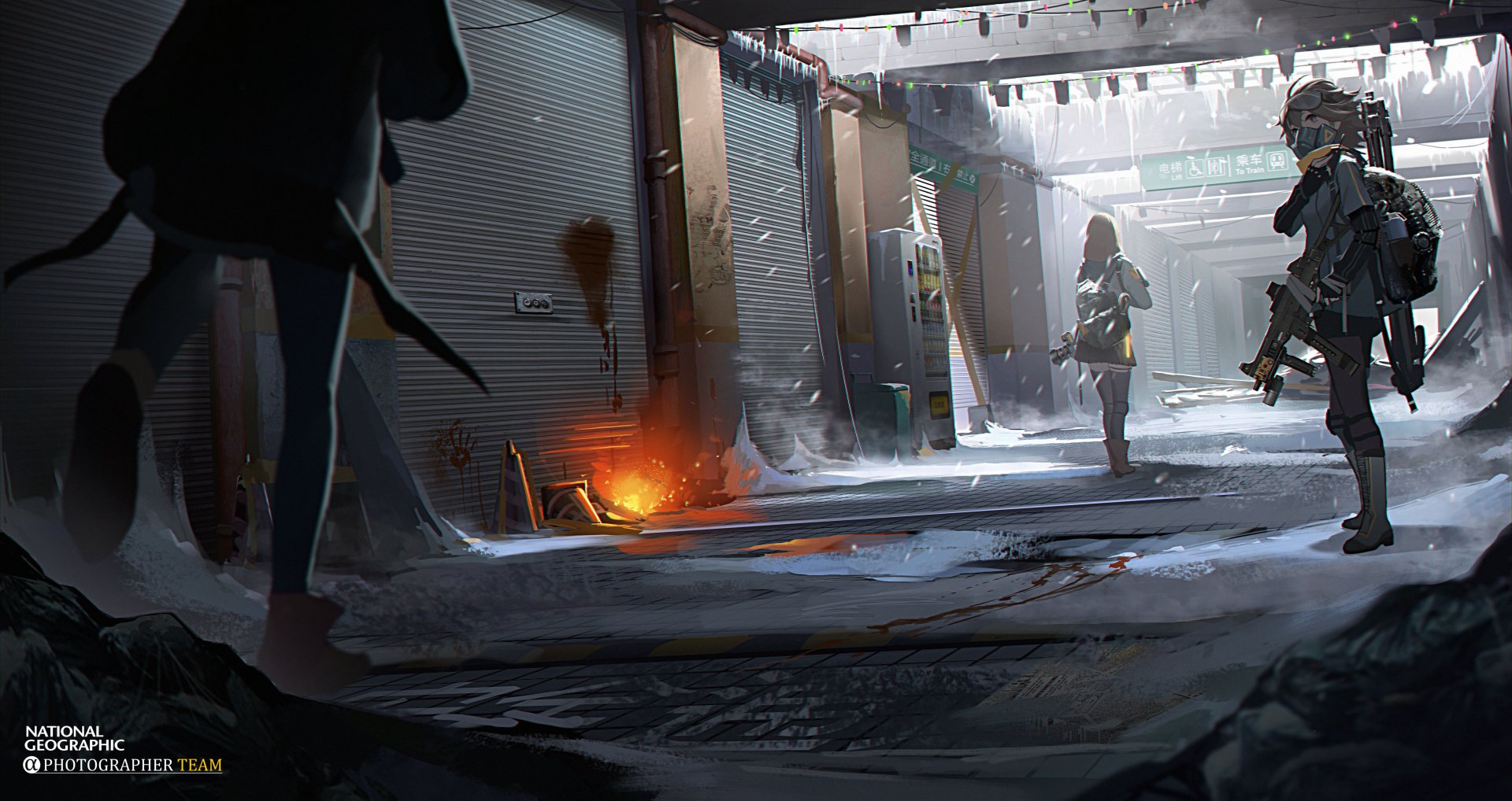 HD desktop wallpaper featuring an anime scene of three individuals with short hair, carrying bags and guns, navigating through a snowy alley. The original artwork captures a wintery, intense atmosphere.