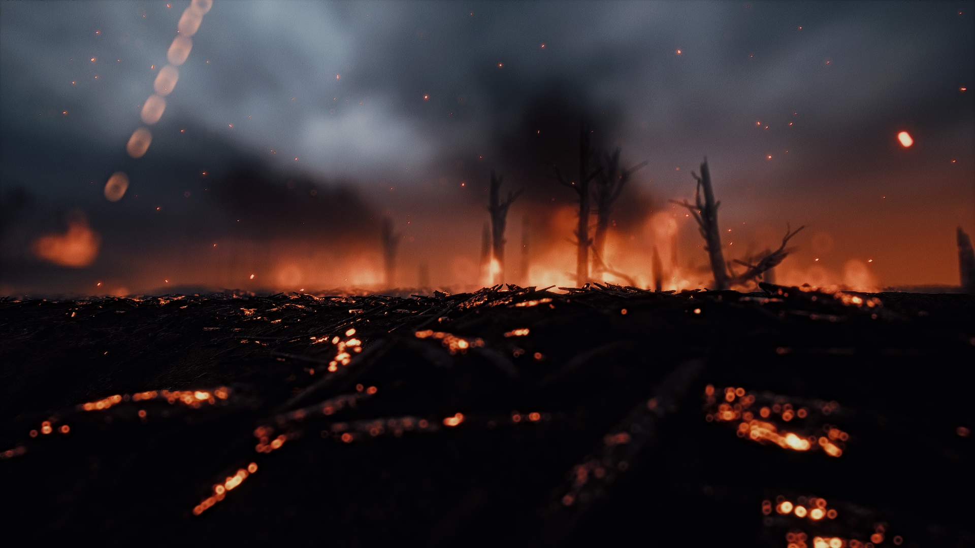 Battlefield 1 2K Quad HD PC wallpaper: scorched no-man's-land at night, glowing embers and distant fires beneath a smoke-choked sky.