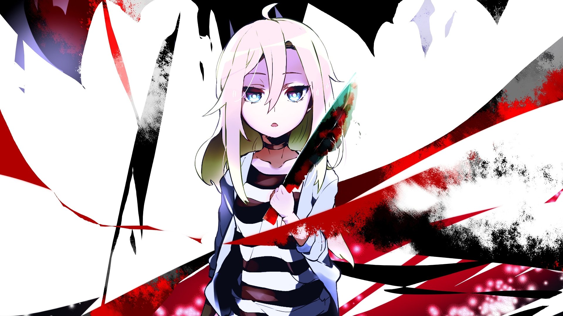 Anime-style 4K Ultra HD desktop wallpaper featuring Rachel Gardner from Angels of Death, holding a blood-stained knife with a dark, abstract background.
