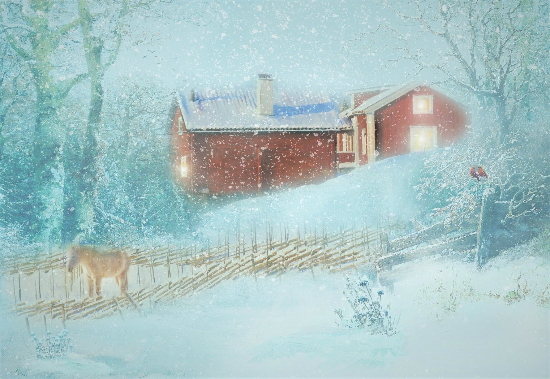 Artistic HD desktop wallpaper of a snowy winter country scene with a donkey near a fence, a cardinal perched on a tree branch, and a red house in the background.