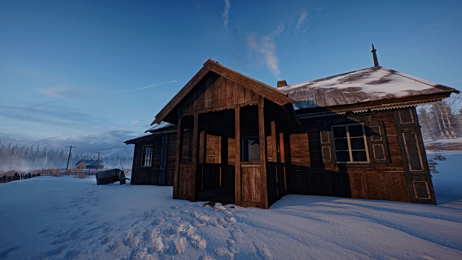 Snow-covered wooden house at dusk from Battlefield 1 — 2K Quad HD PC desktop wallpaper depicting a wartime rural outbuilding beneath a cold blue sky.