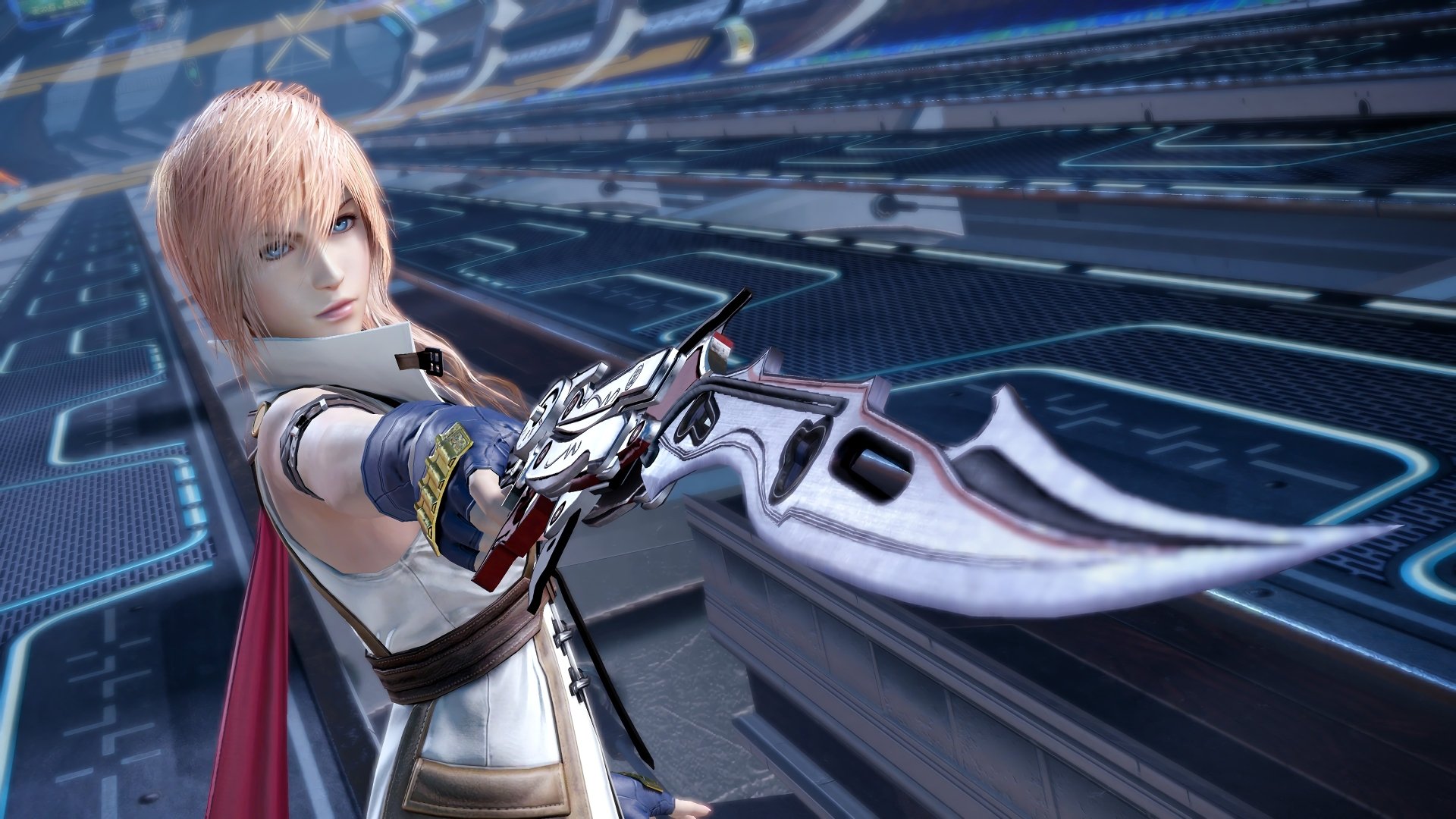 Lightning (Final Fantasy) from Dissidia Final Fantasy NT wields her gunblade in a futuristic arena — 4K Ultra HD PC desktop wallpaper.