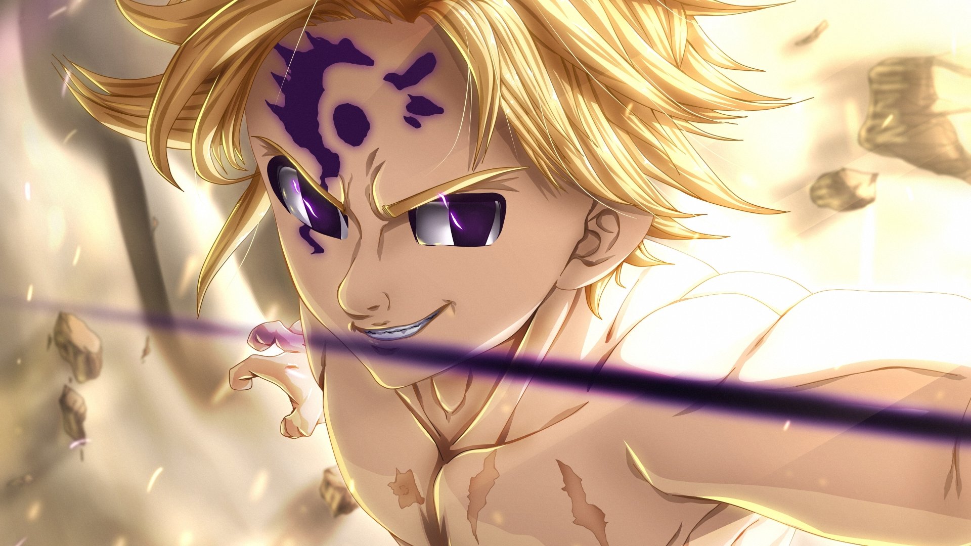 4K Ultra HD anime wallpaper featuring Meliodas from The Seven Deadly Sins with intense expression and dark magical markings on his face and purple eyes.