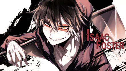 HD desktop wallpaper featuring Zack from Satsuriku no Tenshi ('Angels of Death'), with striking yellow eyes and black hair, holding a weapon. The name Isaac Foster appears on the right.