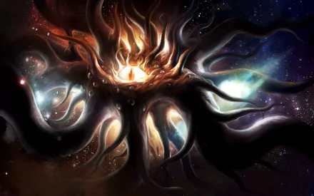 HD desktop wallpaper depicting Azathoth, a dark cosmic creature from H.P. Lovecraft’s mythos, surrounded by swirling stars and eerie glowing tendrils.