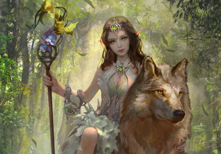 A fantasy elf with green eyes and brown hair, holding a staff, sits beside a majestic wolf in a lush, mystical forest. HD wallpaper.