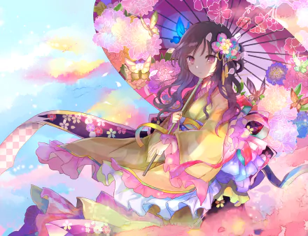 HD anime-style original artwork of a girl in a colorful kimono holding a parasol, surrounded by butterflies and cherry blossoms, designed as a vibrant PC desktop wallpaper.