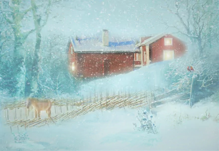 Artistic HD desktop wallpaper of a snowy winter country scene with a donkey near a fence, a cardinal perched on a tree branch, and a red house in the background.
