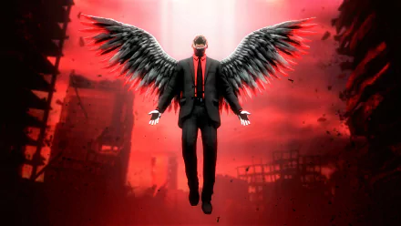 HD desktop wallpaper of a dark, evil angel with black wings suspended in a red, ominous cityscape, radiating power and menace.