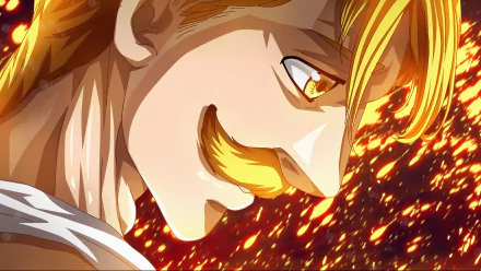 HD desktop wallpaper of Escanor from The Seven Deadly Sins anime, featuring a close-up of his confident smile against a fiery background.