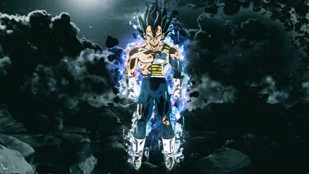 Vegeta from Dragon Ball Super powers up, glowing with blue aura, set against a dark, rocky background in this 4K Ultra HD anime PC desktop wallpaper.