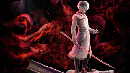 Haise Sasaki (Ken Kaneki) stands with a katana amid red kagune tendrils — 4K Ultra HD PC desktop wallpaper from the video game Tokyo Ghoul:re Call to Exist.