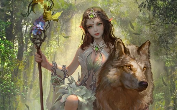 Fantasy Elf Wolf Staff Brown Hair Green Eyes HD Wallpaper | Background Image