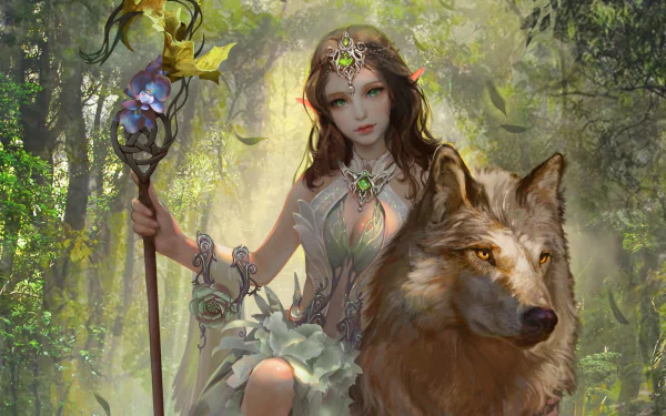 A fantasy elf with green eyes and brown hair, holding a staff, sits beside a majestic wolf in a lush, mystical forest. HD wallpaper.