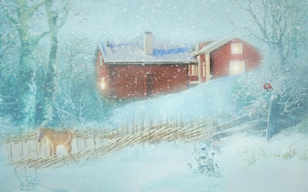 Artistic Painting House Country Winter Snow Snowfall Fence Tree Cardinal Donkey HD Wallpaper | Background Image
