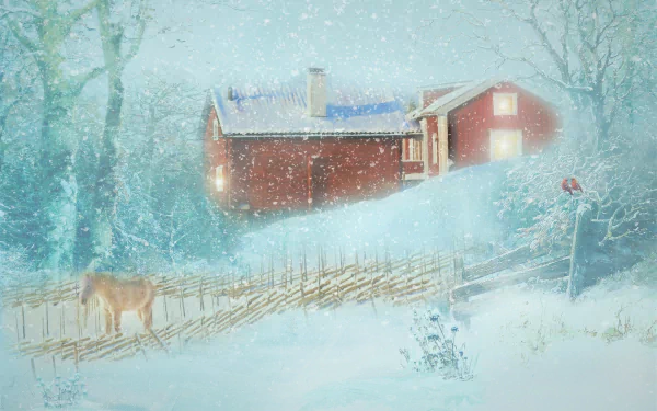 Artistic HD desktop wallpaper of a snowy winter country scene with a donkey near a fence, a cardinal perched on a tree branch, and a red house in the background.
