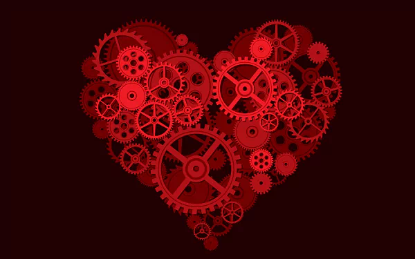 Artistic 4K Ultra HD wallpaper featuring a mechanical heart composed of interlocking red gears on a dark background.