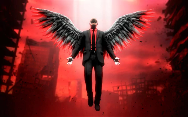 HD desktop wallpaper of a dark, evil angel with black wings suspended in a red, ominous cityscape, radiating power and menace.