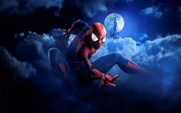 4K Ultra HD PC wallpaper featuring Spider-Man in a dynamic pose against a moonlit sky with Disney castle in the background, blending comic and Disneyland themes.