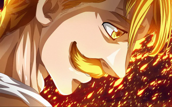 HD desktop wallpaper of Escanor from The Seven Deadly Sins anime, featuring a close-up of his confident smile against a fiery background.