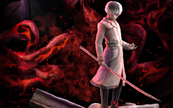 Haise Sasaki (Ken Kaneki) stands with a katana amid red kagune tendrils — 4K Ultra HD PC desktop wallpaper from the video game Tokyo Ghoul:re Call to Exist.