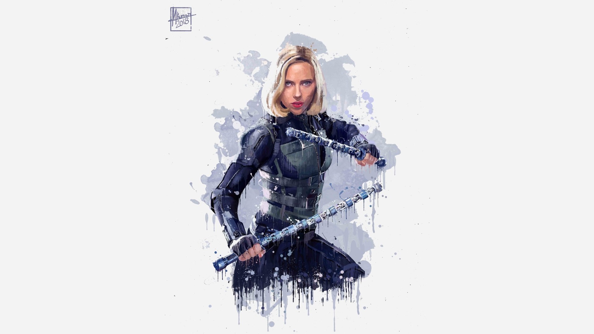 HD wallpaper of Scarlett Johansson as Black Widow from Avengers: Infinity War, depicted in an action pose with batons, set against an artistic splash background.